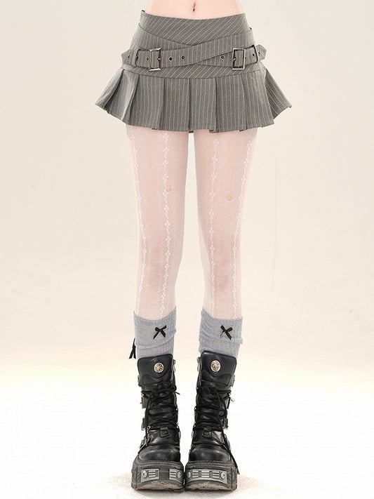 Buckle Straps Criss-cross Skirt Mini Grey Striped Pleated