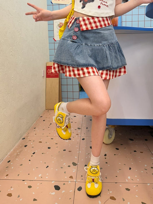 Two-pieces Tiered Denim Skirt Red Plaid Hem Blue High Waist Faux