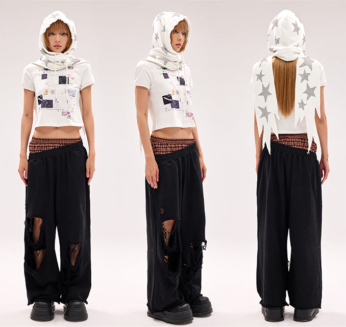 Black/White Star Rhinestones Hat and Scarf All-in-one