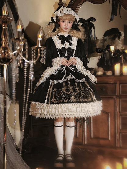 Candlestick Velvet and Sleeves Black Dress Bell Embroidery Candle