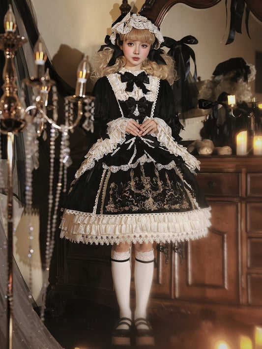 Candlestick Velvet and Sleeves Black Dress Bell Embroidery Candle