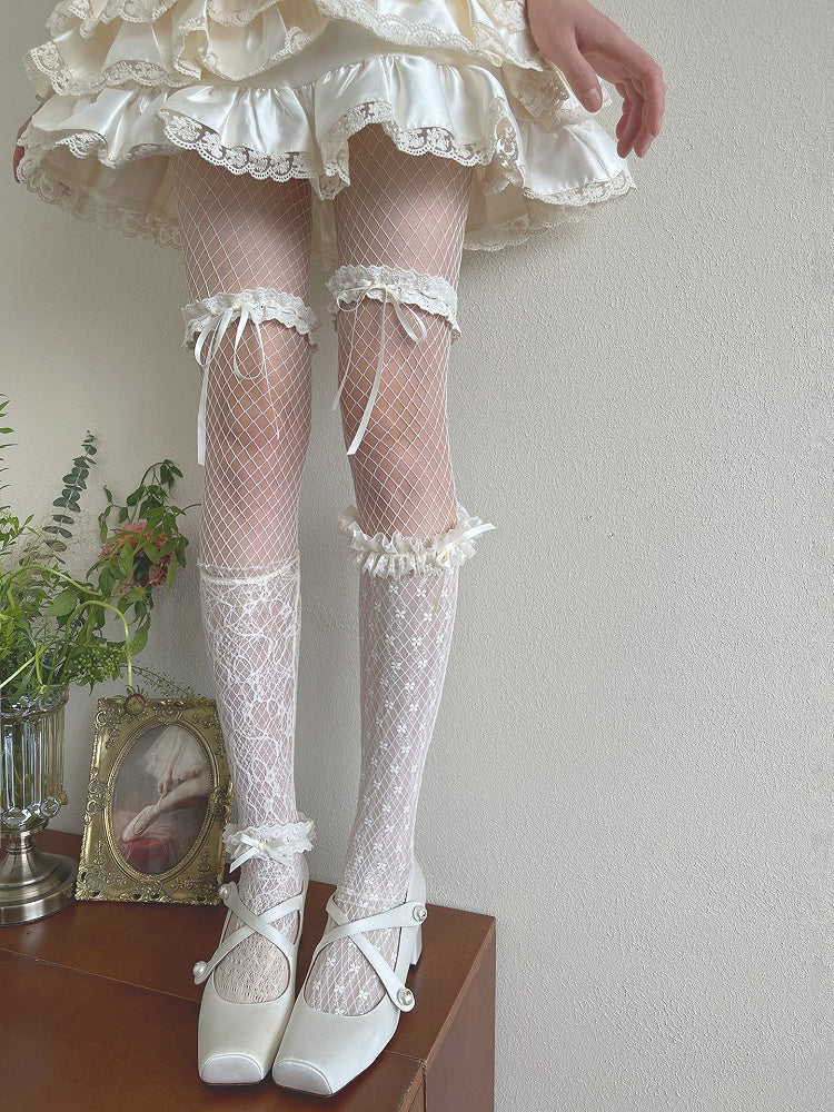 /Lace Ankle Trim Tights/Floral Socks Fishnet Pattern Lace Stockings White Hollow-out Underknee Trims Stockings/Lace