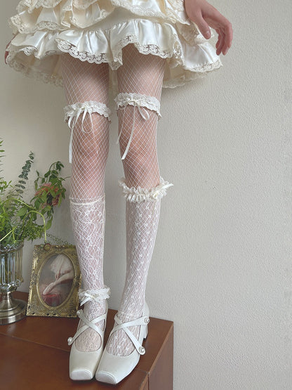 /Lace Ankle Trim Tights/Floral Socks Fishnet Pattern Lace Stockings White Hollow-out Underknee Trims Stockings/Lace