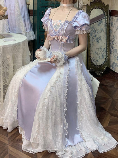 Blue Slim Fit Waist Floral Square Neckline Elegant Lolita Empire Dress