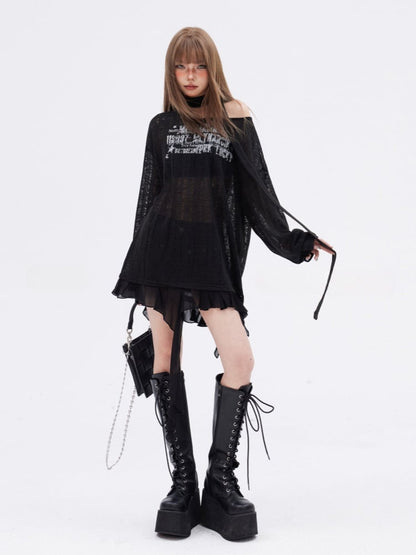 Scarf Free Printed Knitted Top with Black Asymmetrical  Hem Hollow-out