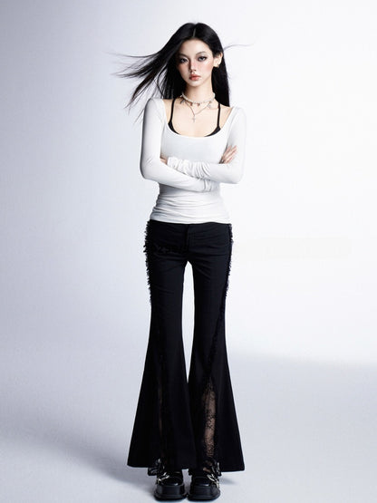 Lace Patches Cuffs Hem Glamorous Waist Raw Black Low Flared Pants