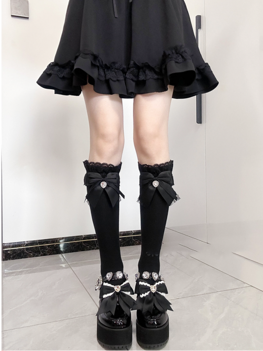 Bow Detail Front Black Heart Rhinestone Jirai Kei Under Knee Stockings