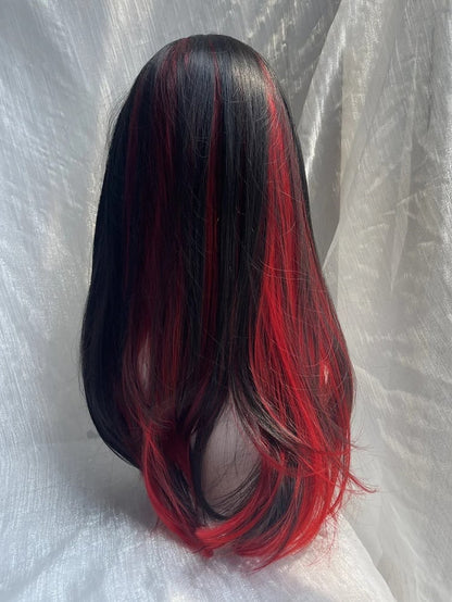 Black Red Highlight Hime Cut Long Straight Halloween Synthetic Wig