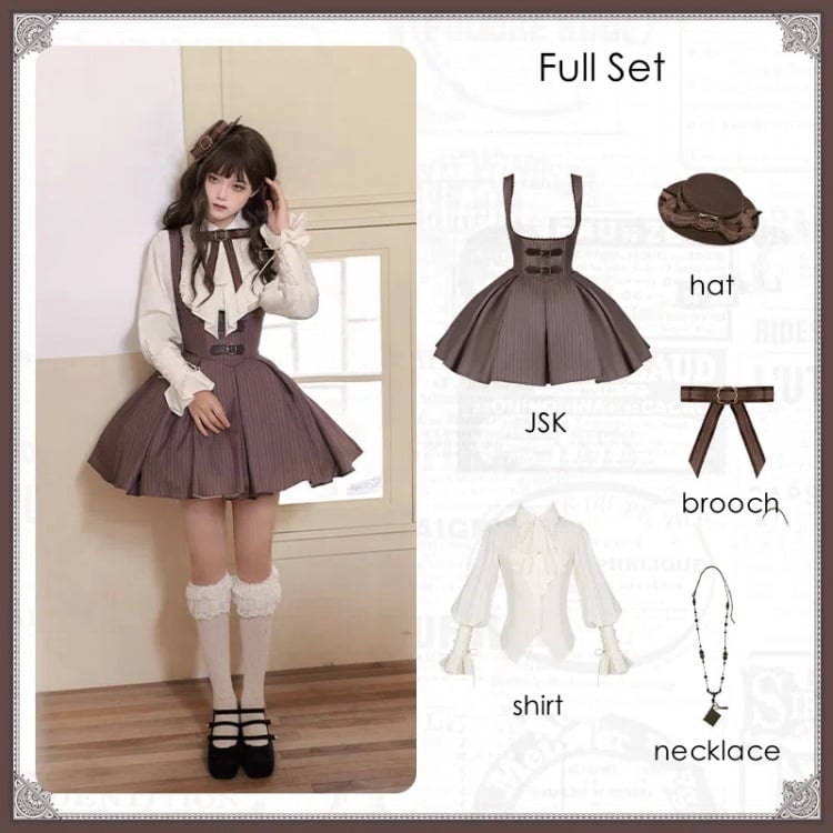 Brown Short Version Under Bust Elegant Classic Lolita JSK + Shirt + Mini Hat + Brooch + Necklace