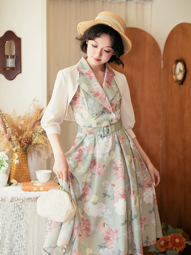 Fashion Print Blazer Floral Summer Retro Collar Green Dress 1950s