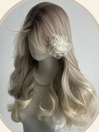 White-Blonde Ombre Long Wavy Synthetic Wig With Curtain Bangs