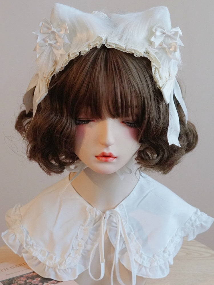 White Cat Lace Bowknot Details Ear Hairband Trim