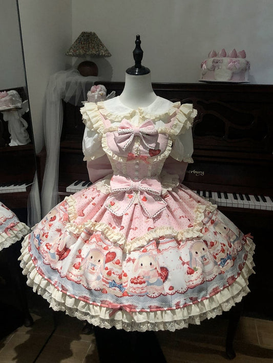 Bunny Dress / Sweet JSK Cute Print Lolita and Cake Strawberry Pink Set Full