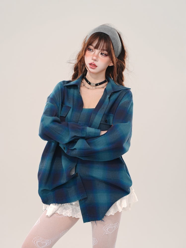 Blue Plaid Pattern Shirt and Inner Cami Top