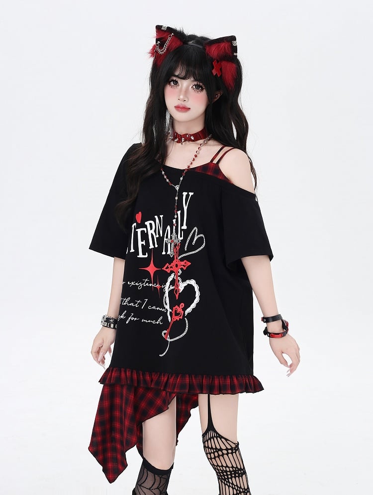 Asymmetrical Red/Purple Plaid Hem Black Punk Rock Graphic T-Shirt