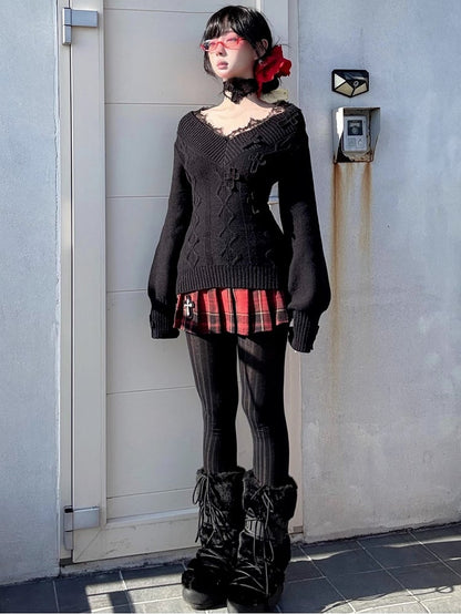 Gothic Red Cross Charms Plaid Woolen Pleated Mini Skirt