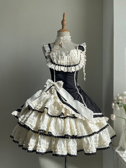 Jumper Beige Lolita Black Fit and Skirt Elegant Tiered Slim Waist