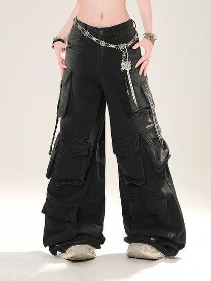 Low Blue/Black Waist Cargo Pockets Wide-Leg Jeans