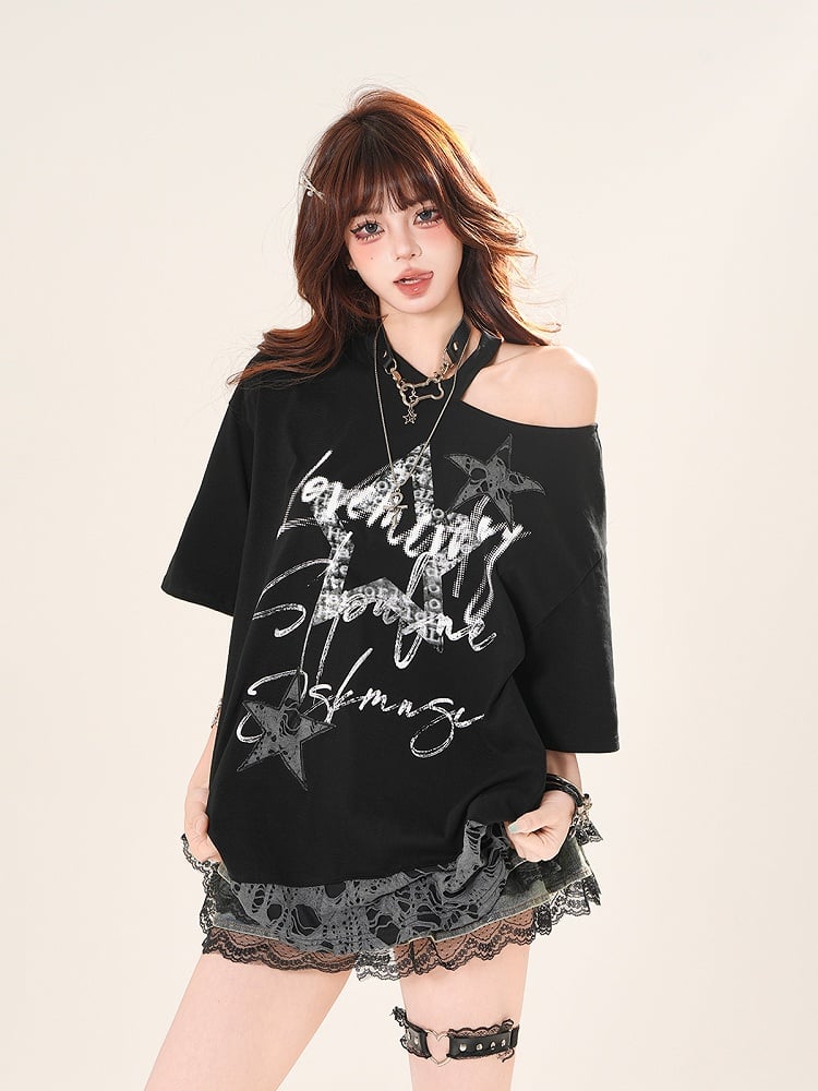 Cutout Shoulder Distressed Holes Hem Graphic T-Shirt Black/White