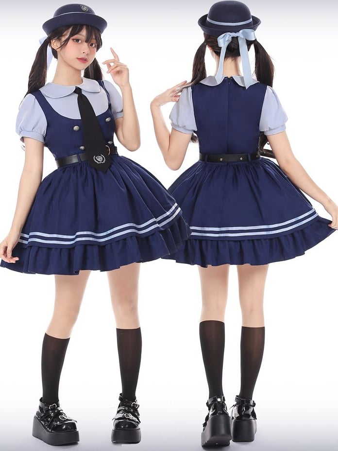 Robe bleu marine à col Claudine et manches courtes, faux deux-pièces
