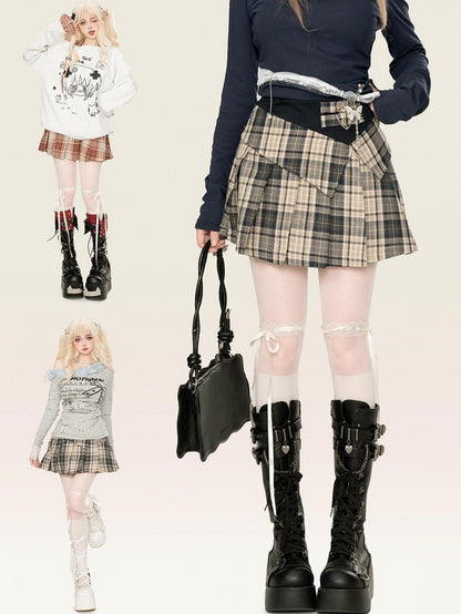 Khaki/Red Buckle Straps High Waist Plaid Pleated Skirt