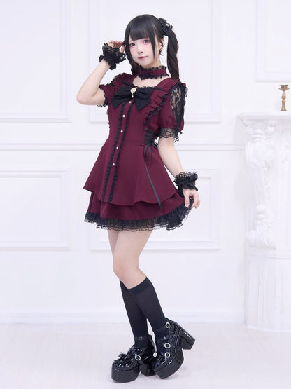 Black Trim Dress Side Kei Set: Lace-up Wine and with Red Matching Lace Mini Skirt Jirai