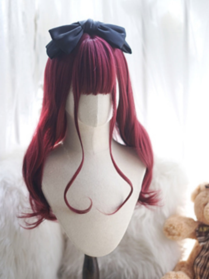 Wine Red Long Wavy Wig With Full Bangs