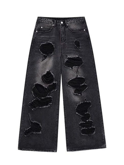Waist Distressed Wide-Leg Jeans with Faded Wash Black Low