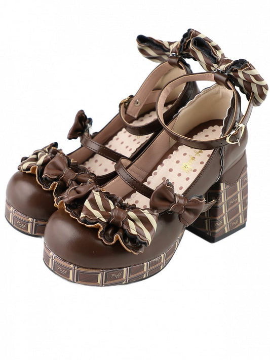 Heart Dark Brown High Chocolate Heels Striped Janes Bowknot Details Platform Mary Buckle Block