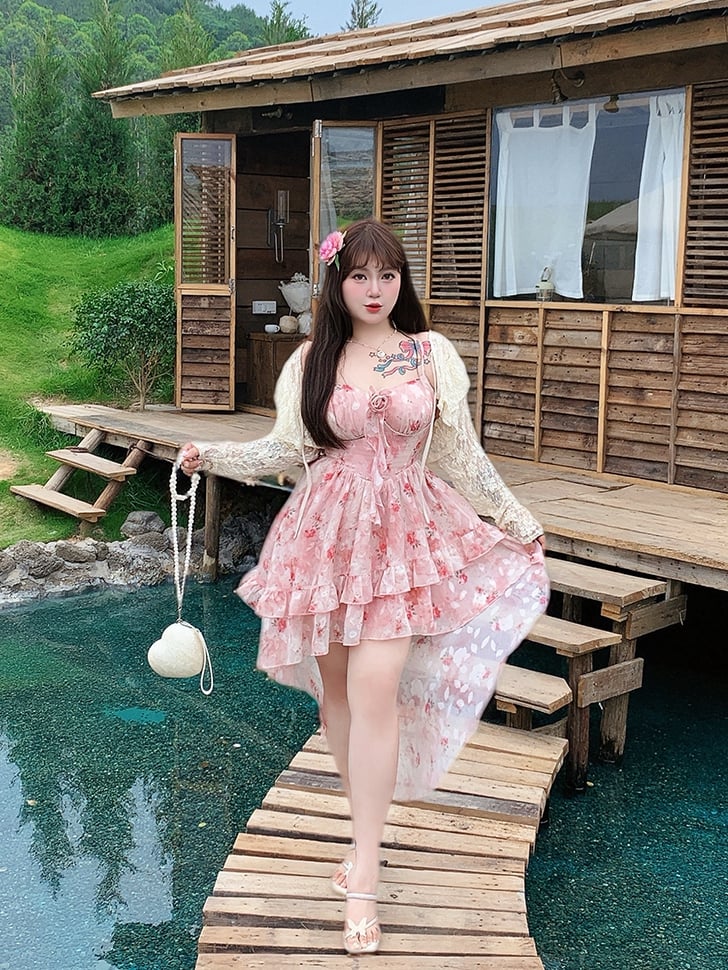 Hollow-out Lace Plus Top Size Straps Apricot Self-tie