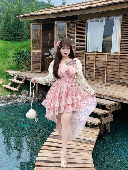 Hollow-out Lace Plus Top Size Straps Apricot Self-tie