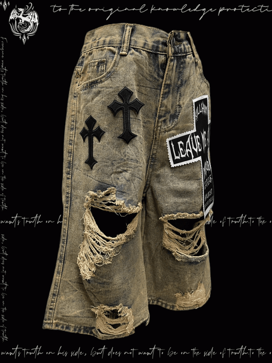 Punk Wasteland Cross Appliques Yellow Distressed Holes Denim Shorts Y2K