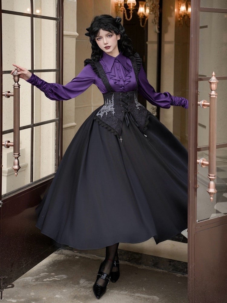 Black Under Bust Boned High Wast Gothic Lolita Skirt with Detachable Straps Long Version