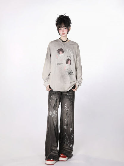 Black Closure Lines Visible Zipper Tie-Dye Graffiti Wide-Leg Jeans with Flowing