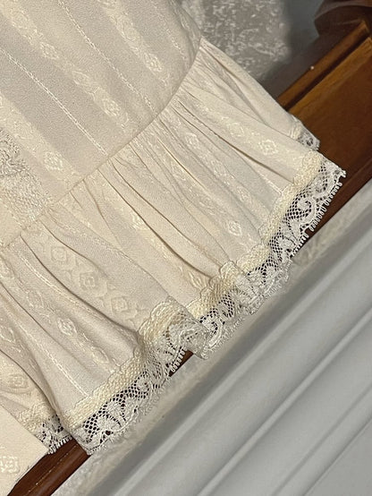 Beige Ruffle Neckline Short Puff Sleeves Blouse