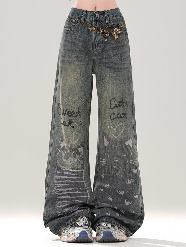 Denim Blue Cute Kitties Faded Wash Wide-leg Cut Jeans