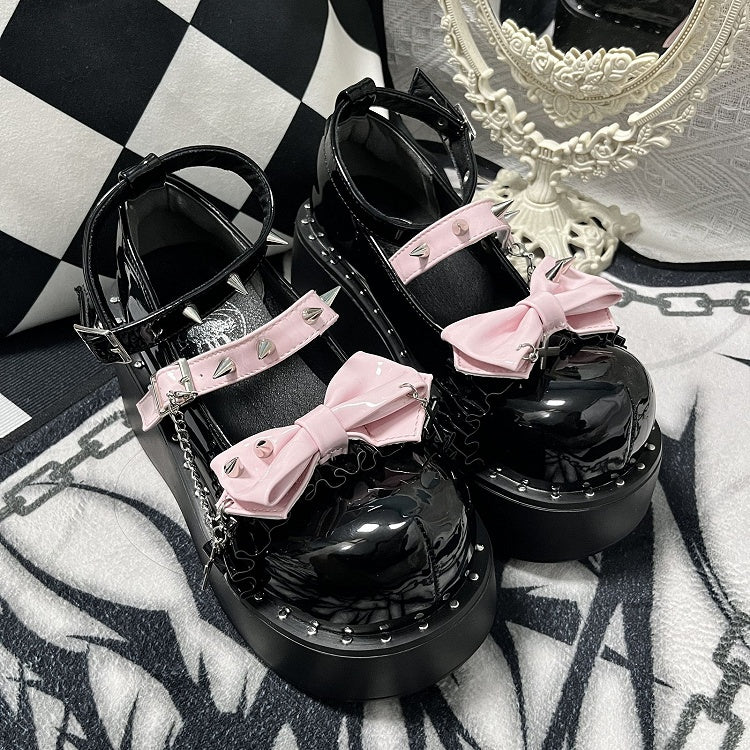 Y2K Polished Black&Pink Stud Bowknot Buckle Strap Punk Platform Shoes