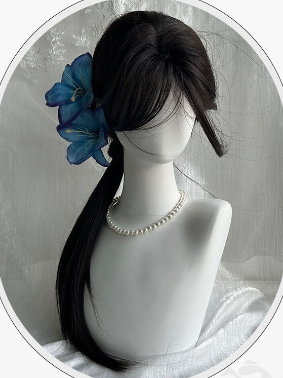 Black Tea Waist Length Straight Synthetic Wig With Curtain Bangs