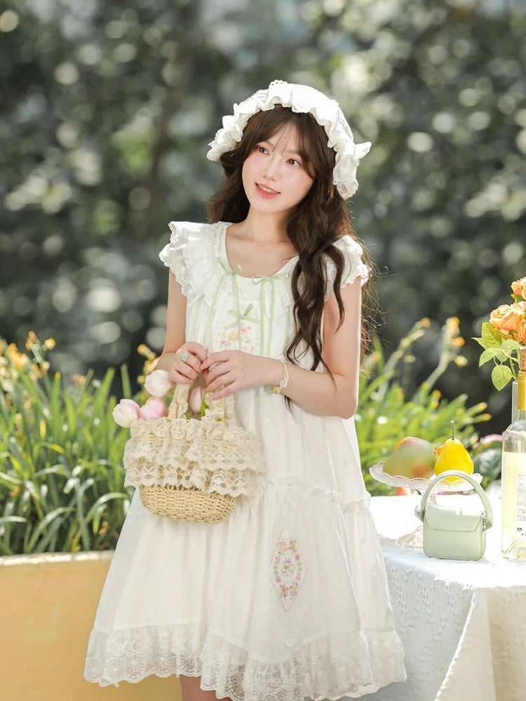 Mori Kei Dress White Floral Embroidery Lace Trim