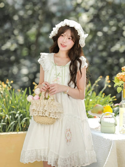 Mori Kei Dress White Floral Embroidery Lace Trim