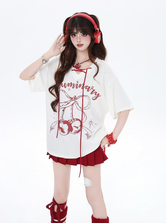 Print T-Shirt with V-Neck Lace-up Neckline Black/White Cherry Detail