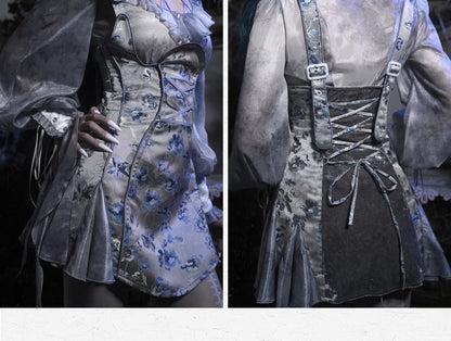 Dusty Blue Floral Jacquard Corpse Bride Overall Dress