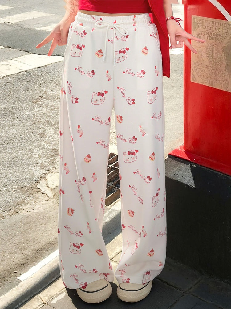 White Drawstring Waist Allover Kitty Print Wide-Leg Casual Pants