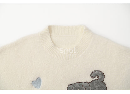 White Cute Puppies Pattern Round Neck Loose Sweater
