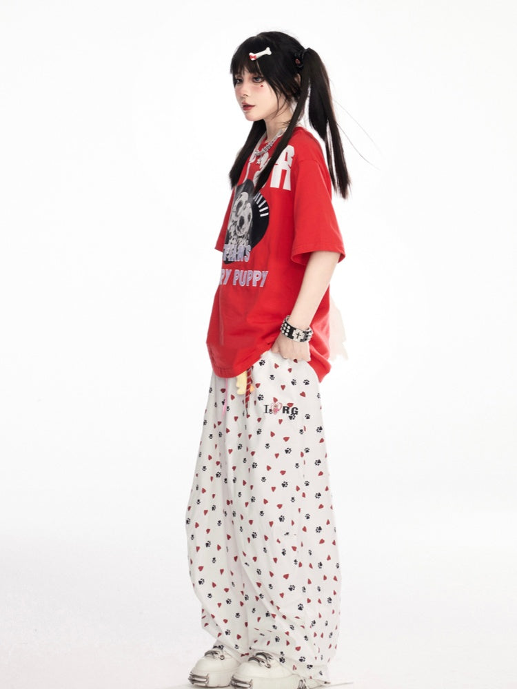 with Charm White Allover Paw Print Drawstring Cuffs Wide-Leg Pants Free