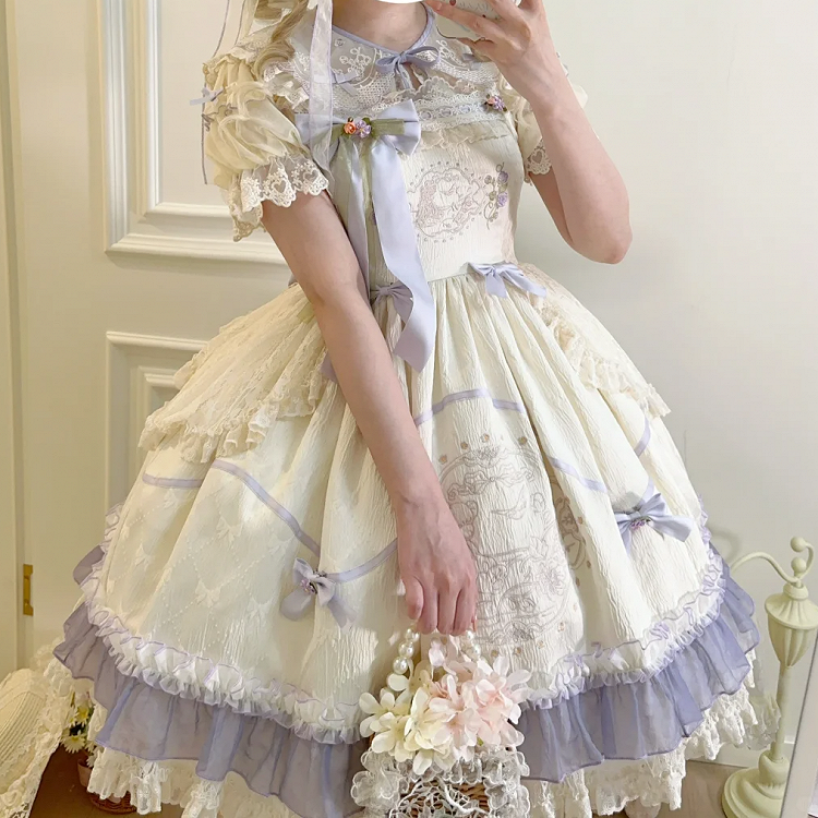 High Teddy Waist Bowknot Dress Lolita Floral Fabric and Embroidery
