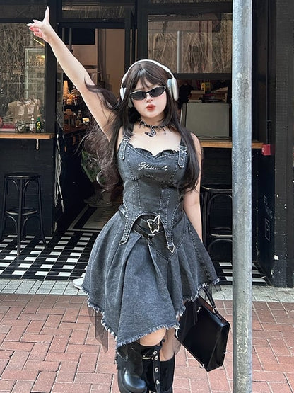 Plus Size Dark Grey Rhinestones Adorned Denim Buckle Straps Cami Top