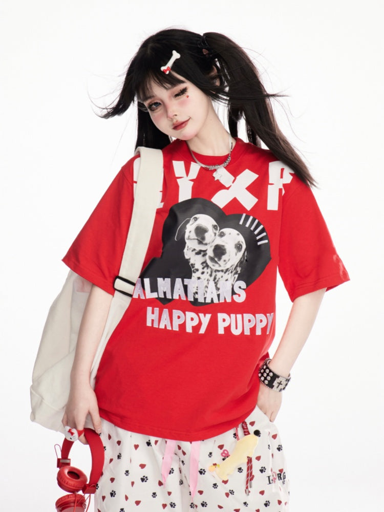 Red Crew Neck Dalmatian Print Vintage T-Shirt