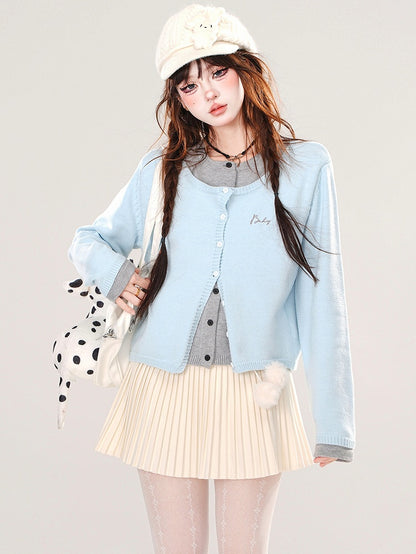 Blue/Dark Grey Fake Two-piece Design Cardigan