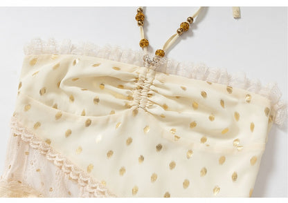Beige/Black Neck Waist Polka-dot Vintage Halter Lace Patches